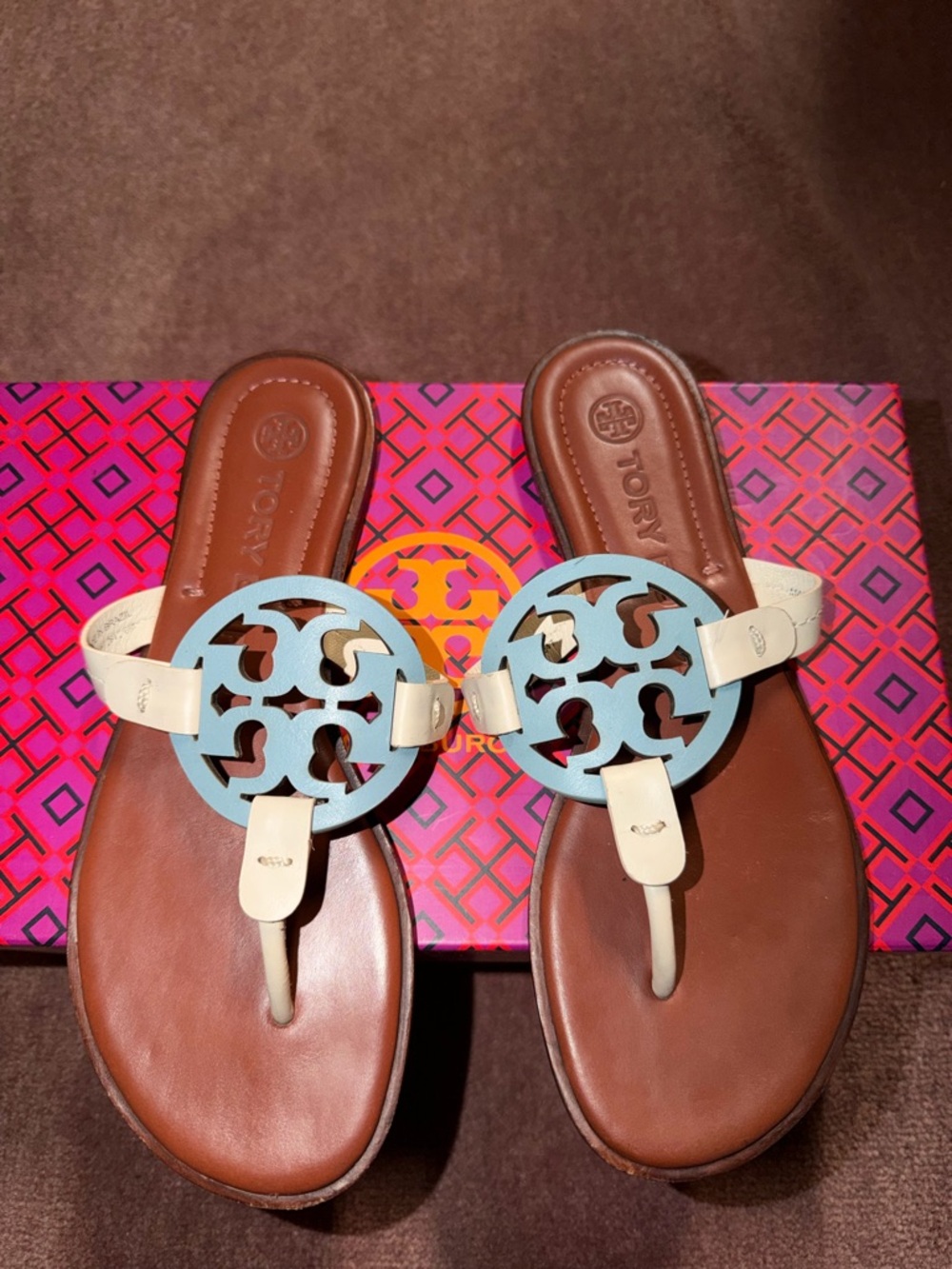 Tory Burch Brown Leather Sandals with Ivory Straps & Light Blue Logo